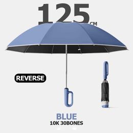 Umbrellas Fully automatic UV umbrella with windproof and reflective strips foldable in reverse suitable for men women to travel buckle handles H240531 X2UH
