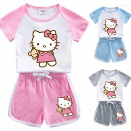 Clothing Sets Cartoon Print Kids Clothes Summer Girls And Boys Suits 2pcs Cute Kitty Short Sleeve Tops Shorts 0-10 Years