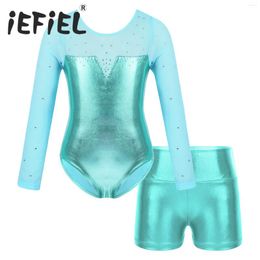 Clothing Sets Kids Girls Ballet Dance Metallic Long Sleeve Leotard With High Waist Shorts Suit For Gymnastics Fairy Party Stage