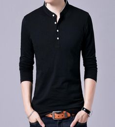 Men Spring Autumn Cotton T Shirts Mens Solid Colour Mandarin Collar Long Sleeve Top Tee8864886