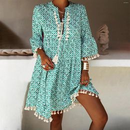 Casual Dresses Ladies Holiday Lace Trim V Neck Short Sleeve Loose Beach Dress With Pockets Fashion Women Summer Bohemian Print