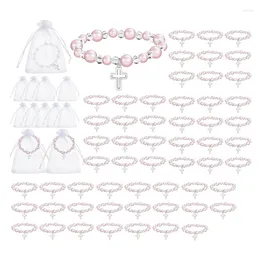 Charm Bracelets 60 Pcs Baptism Favors For Girls Include 30 Pink Pearl With Crucifix Organza Bags Stretch Rosary