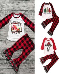 Xmas Kids Clothing Sets Merry Christmas Print Long Ruffle Sleeve Top Plare Plaid Pants 2PcsSets Christmas Boutique Infants Outf4471828