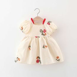 Girl's Summer Baby Girl Collar Coloured Lace Flower and Leaf Embroidered Bubble Sleeves Princess Dress L2405