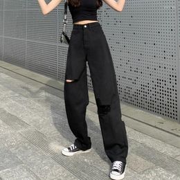 Women's Jeans Loose Straight High Waist Large Size Black Slim Floor Pants Fashion Wide Leg Ripped Trend Old Women
