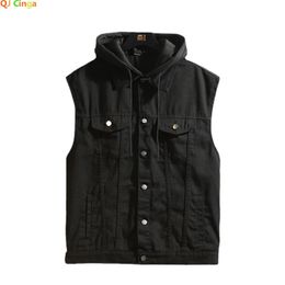 Mens Spring/Summer Autumn Denim Vest Jacket Teenagers Black Leisure Hooded Vests Coat Plus Size Waistcoat M-5XL 240531