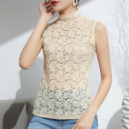 Women's Tanks Fashion Sleeveless Elegant Lace Tank Tops Women Hollow Out See Through Sexy Vest Stand Collar Hook Flowers Blouse Blusas 24281