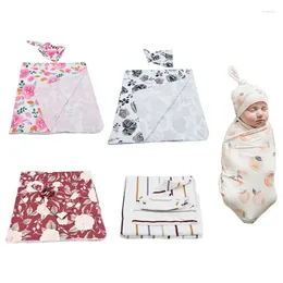 Blankets Born Swaddle Wrap Hat Set Baby Pure Cotton Floral Printing Receiving Blanket Beanie For Infants Boys Girls