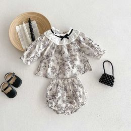 Rompers Autumn Baby Clothes Newborn Girls Fashion Chinese Ink Painting Style Long Sleeves Frilled Collar Tops + Shorts 2Pcs 0-2yrs Y2405307GEF