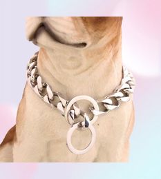 Top quality 19mm 1234 inch Silver Tone Double Curb Cuban Pet Link Stainless Steel Dog Chain Collar Whole Pet Necklaces3137332