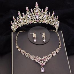 Hair Clips Luxury Pink Crystal Water Drop Bridal Jewelry Sets Rhinestone Tiaras Crown Necklace Earrings Wedding Dubai Set