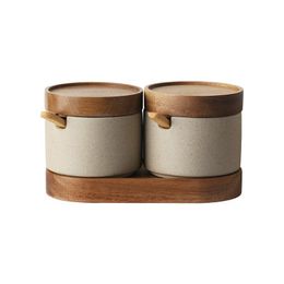 Kitchen Seasoning Pot Ceramic Three Piece Suit Simple Salt Pot Acacia Wood Tray With Cover Home Kitchen