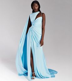 Elegant Long Light Blue Crepe Evening Dresses with Slit Mermaid One Shoulder Sweep Train Zipper Back Prom Dresses Pleated for Women