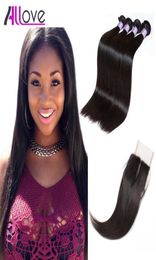 Allove 8A Peruvian Virgin Extensions Wefts Straight Human Hair Bundles With 4x4 Lace Closure Brazilian Whole for Women All Age9903291