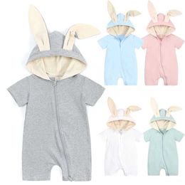 Rompers 2024 Toddler Baby Rabbit Summer Romper Hooded Ear Newborn Bodysuit Clothes Solid Cotton Bunny Infant Boys Girls Pyjamas For Baby Y240530Q86P