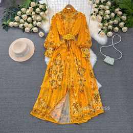 Spring and Autumn Palace Style Elegance Lantern Sleeves Standing Neck Waist Single breasted A-line Positioning Printed Dress