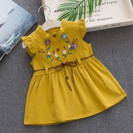 Baby Girls Solid Flower Embroidered Ruffles Decor Princess Rustic Cotton Soft Outing Cool Sleeveless Casual Dress L2405