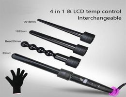 LCD Digital Display Unique Bead Curling Wand 4 in 1 Interchangeable Hair Curler Iron with Glove in set295N6070622