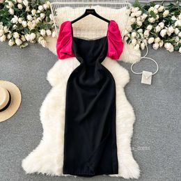 Light luxury and socialite style high-end dress for women with bubble sleeves square neck patchwork waist cinching design and a sense of niche slit long skirt