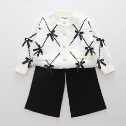 Clothing Sets Kids Baby Girls Clothes Fall Winter Vintage Bowknot Long Sleeve Knit Buttons Cardigans Casual Bell-Bottomed Pants 1-6 Years