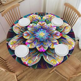 Table Cloth Mandala Circle Pattern Colours Flowers Symmetry Beauty Peace Round Soft Fibre Protecting With Elastic Strap