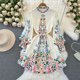 Spring and Autumn Palace Style Bubble Long sleeved Standing Neck with Waist and Slim Appearance Single breasted A-line Positioning Printed Dress