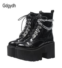 Gdgydh Patent Leather Boots Gothic Black Women Heel Sexy Chain Chunky Heel Platform Female Punk Style Ankle Boot Zipper5748118