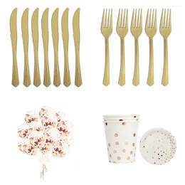 Disposable Dinnerware 168PCS Set Rose Gold Paper Plates Napkins Cups Forks Balloons Birthday Wedding Party Baby Shower