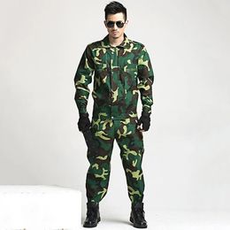 Camouflage Print Men Overalls Suit Multi Pockets Zipper Placket Cargo Jackets Pants Outdoor Male Training Clothing 240530