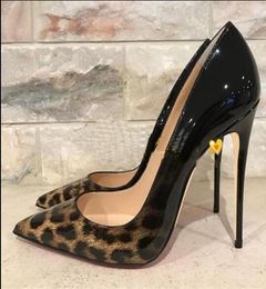 Fashion Women Pumps Sexy Lady Black Leopard Patent Point Toe High Heels Dress Shoes Boots with dustbag and box real leather9836280