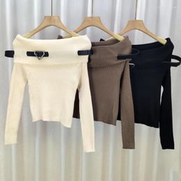 Women's Sweaters Sexy Off Shoulder Fitted Long Sleeve Sweater Women Punk Buckled Belt Patchwork Ribbed Knitwear Pullover Crop Tops