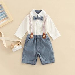 Clothing Sets 0-3Y Baby Boys Gentleman Clothes Set Kids Long Sleeve Lapel Neck Shirt Romper With Bow Tie Suspender Shoulder Shorts Outfits