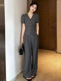 Women's Two Piece Pants Korean Fashion Casual Set For Women Short Sleeve Top High Waist Wide Leg Pant Sets Female