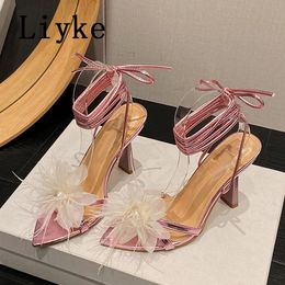 Liyke Sexy Purple Cross Ankle Strap Sandals Women Elegant Party Wedding Banquet Shoes Fashion Pearl Flower Open Toe Strappy Heel 240530