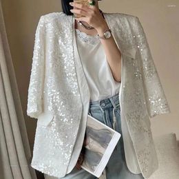 Women's Suits Fashion Shiny Jacket For Women V-neck Long Sleeve Temperament Ladies Sequined Blazer Coat Mid-Length Trendy Outerwear