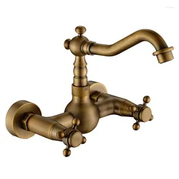 Kitchen Faucets Mixer Faucet Wall Mounted Dual Handle Antique Copper Finish Bathroom &amp Cold Swivel