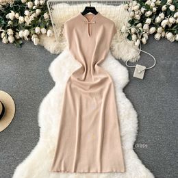 New Chinese Womens Cheongsam Collar Slim Fit Mid length Gentle Style Knitted Dress Womens 2024 New Skirt