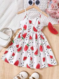 Girl's Dresses New Summer Product For Girls Casual And Fresh Dress For Children Small V-Neck Watermelon Print Strap Dress Y240529