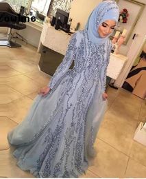 Luxury Muslim Long Sleeve Evening Dresses With Hijab Crystal Mermaid Formal Party Dubai Turkish Arabic Silver Evening Gowns Vestid7941328