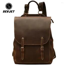 Backpack Genuine Leather Men Backpacks Vintage School Bags For Teenager Outdoor Travel Laptop Business Rucksack Shoulder Bagpack JYY751