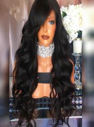Natural Hairline Glueless High Temperature Fibre Hair Wigs Swiss Long Wavy 1 Black Synthetic Lace Front Wig for Women7281392