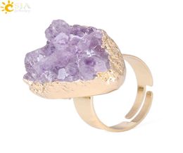 CSJA 2018 Amethyst Purple Quartz Ring Irregular Natural Gemstone Crystal Druse Jewellery for Women No Finger Size Limited Gold Jew9582784
