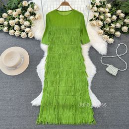 Summer Fashion Celebrity Elegant Three House Pleated Short sleeved Round Neck Loose A-line Tassel Dress Elegant Long Skirt