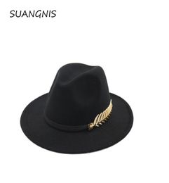 Woolen Felt Hat Panama Jazz Fedoras hats with Metal Leaf Flat Brim Formal Party And Stage Top Hat for Women men unisex20175673328865