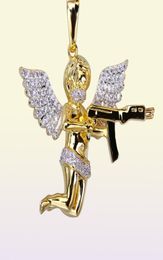 Hip Hop Gold Plated Angel Gun Solid Back Pendant Necklace Iced Out Cubic Zircon Mens Jewellery Gifts1647379