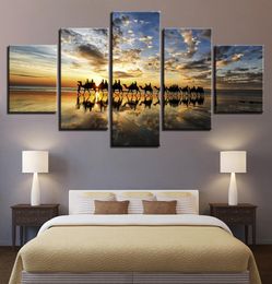 HD Prints Posters Framework Canvas Pictures Living Room Home Decor 5 Pieces Beach Sunset Seaside Camels Team Paintings Wall Art7663800