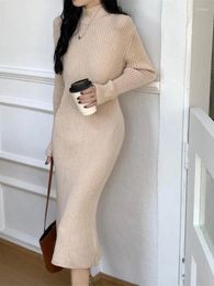 Casual Dresses Solid Knitted Elegant Festival Bodycon Dress Women Half Turtleneck Sweater Autumn Winter Office Party Midi Fashion