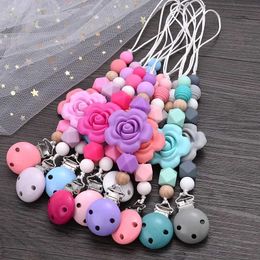 5PCS Pacify Toys Silicone Rose Round Beaded Baby Pacifier Chain Colorful Wooden Dummy Holder Clip Baby Teether Appease Soother Chain Nursing Toy