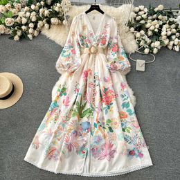 French court style dress for women sweet lace V-neck buckle slim fit long design printed dress