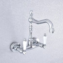 Kitchen Faucets Silver Polished Chrome Brass Wall Mounted Dual Ceramic Handles Levers Bathroom Vessel Sink Faucet Mixer Taps Asf776